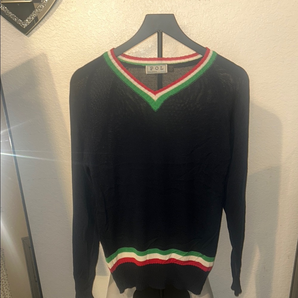 POL V-Neck Sweater with Green, red and white trim. New!